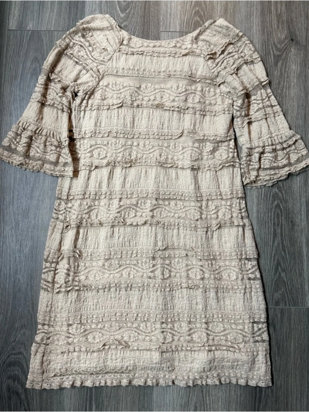 Chris McLaughlin Beige Textured Lace Dress Half Sleeve Peasant Boho Romantic 6P - Picture 4 of 8
